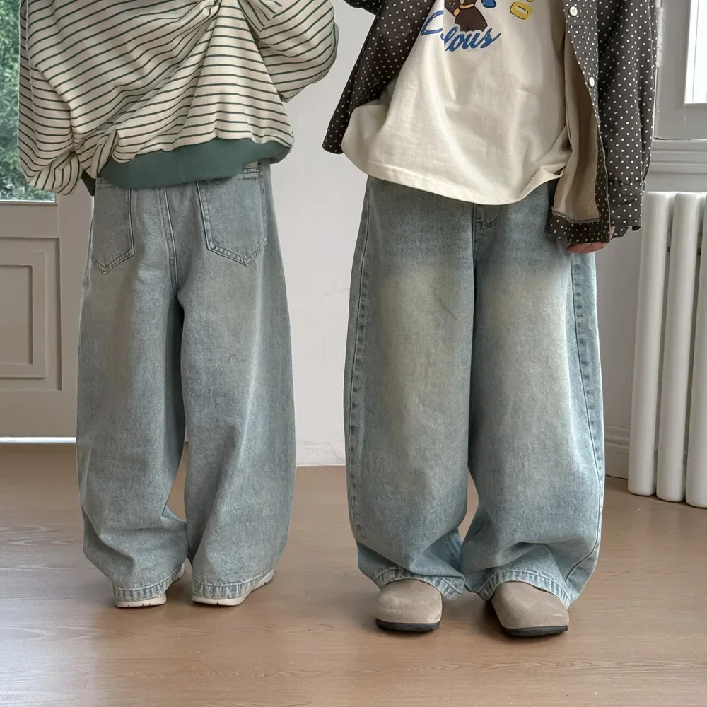 Children Clothes Kids Loose Pants Spring Boys and Girls Korean Style Solid Color Loose Casual Denim Straight Leg Pants