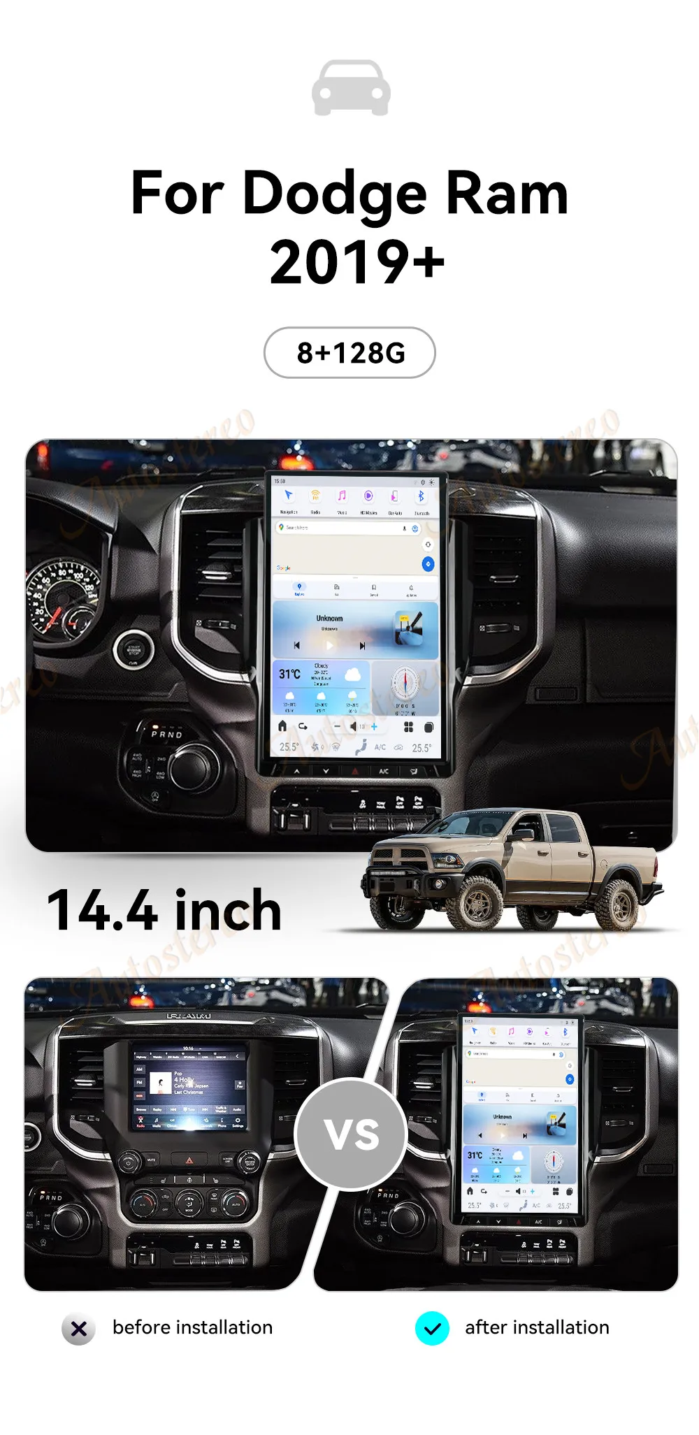 Carplay 14.4 Inch Android 13 For Dodge RAM 2019-2023 Tesla Style Car GPS Navigat