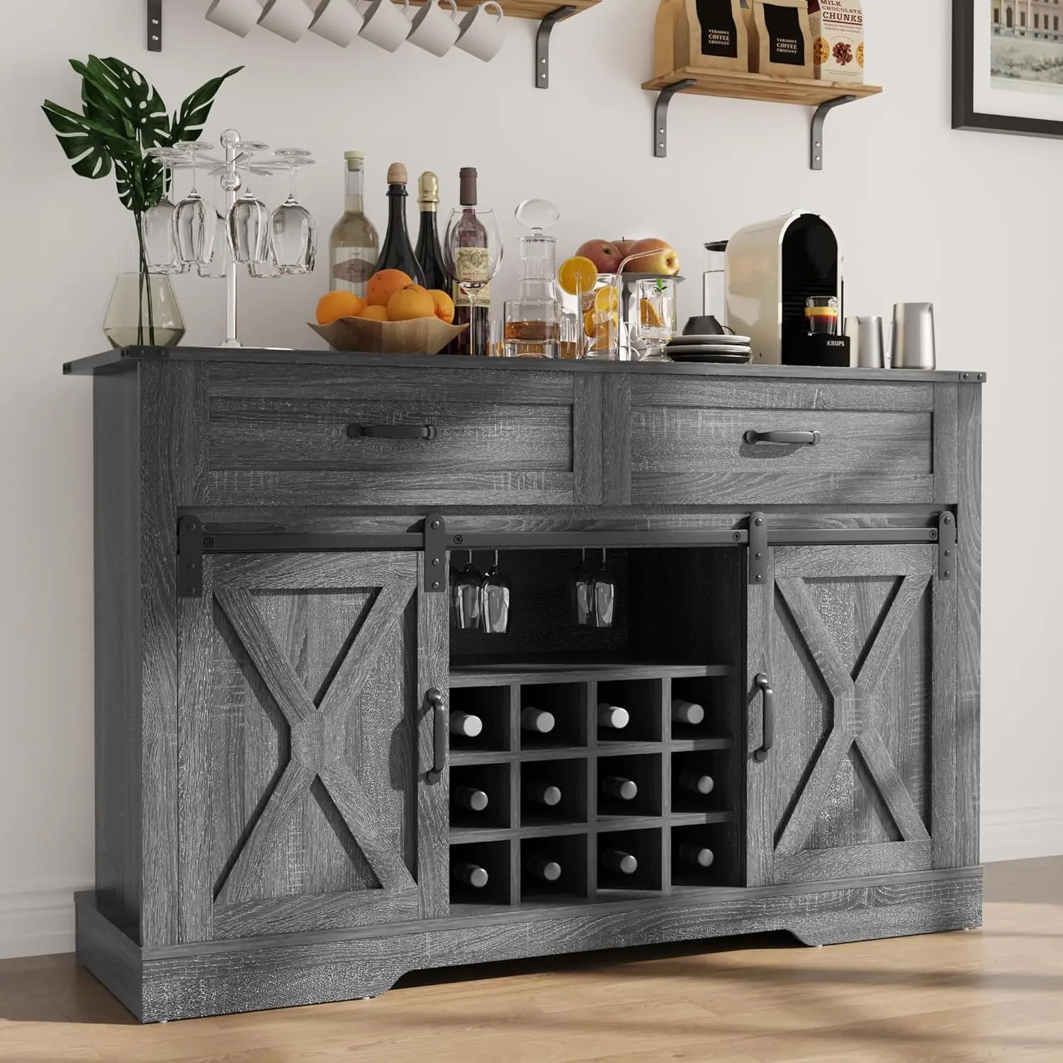 

Liquor Coffee Bar Cupboard w/Wine & Glass Rack, 52'' Sliding Barn Door Sideboard, Buffet Cabinet w/ 2 Drawers, Rustic Dark Grey