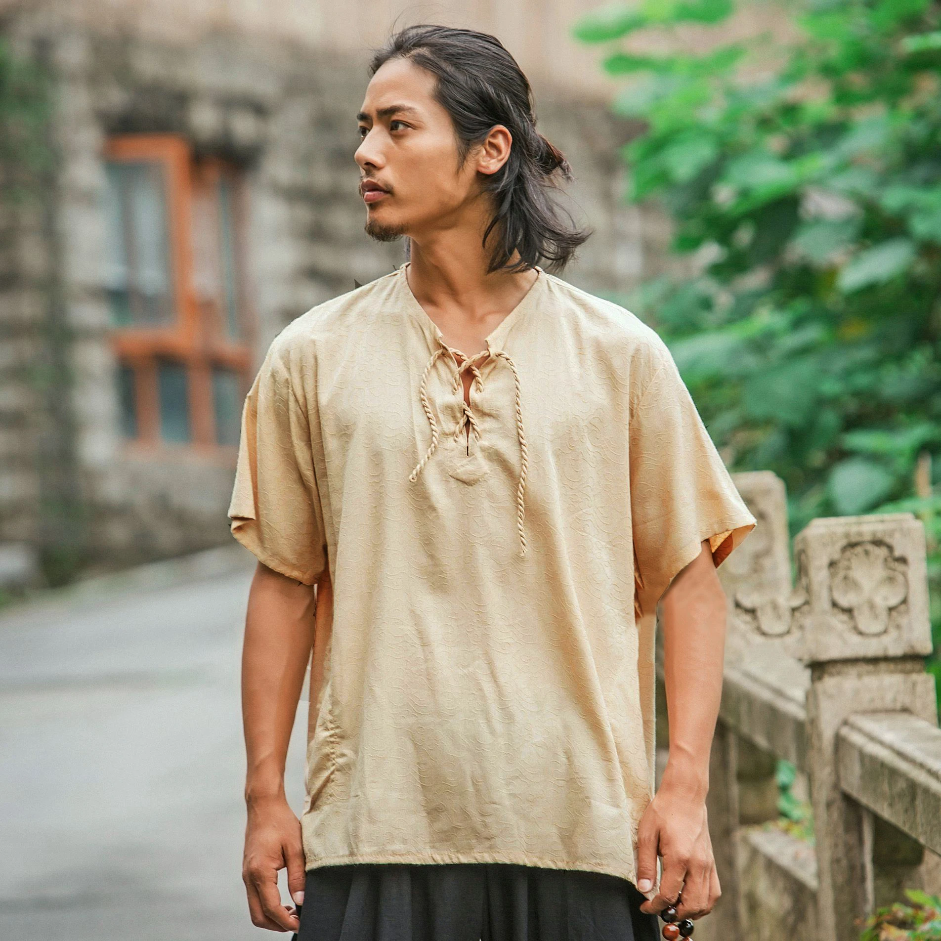 Linen Cotton T-shirt Men V-neck Shirt Summer Fashion Designer Artist Casual  Loose Rope Tee Male Vacation Clothing - AliExpress
