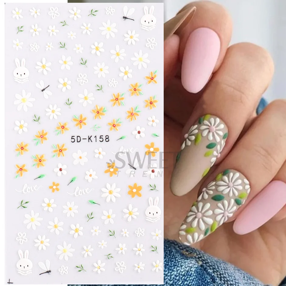 5D Embossed Flower Colorful Nail Stickers Simple DIY Wildflower Sliders Sunflower Daisy Spring Engraved Art Manicure Decals