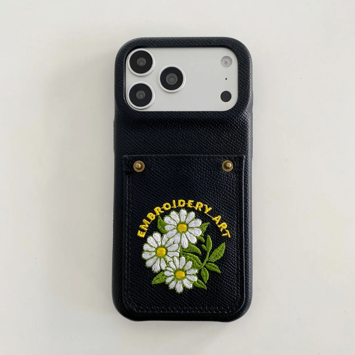 PU Leather Phone Case with Card Pocket and Embroidery - Simple Half-Wrapped Shockproof Design