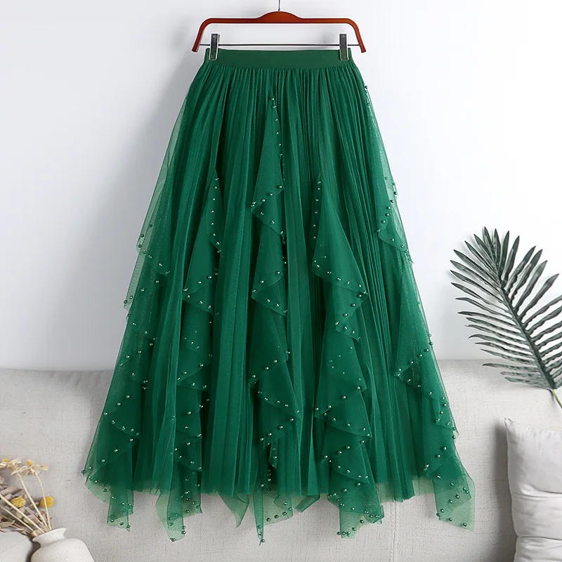 

Women Long Tulle Skirts Female Irregular High Waist Midi Long Maxi Skirts Lady Fashion Beading Tutu Skirts Faldas Jupe
