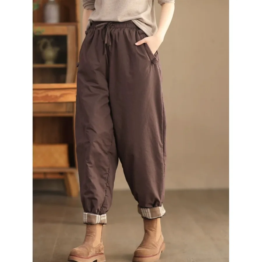 Winter Thiened Harlan Pants Women's Elastic Waist Quilted Cotton Texture Long Velvet Cotton Warm Trousers Casual Pants