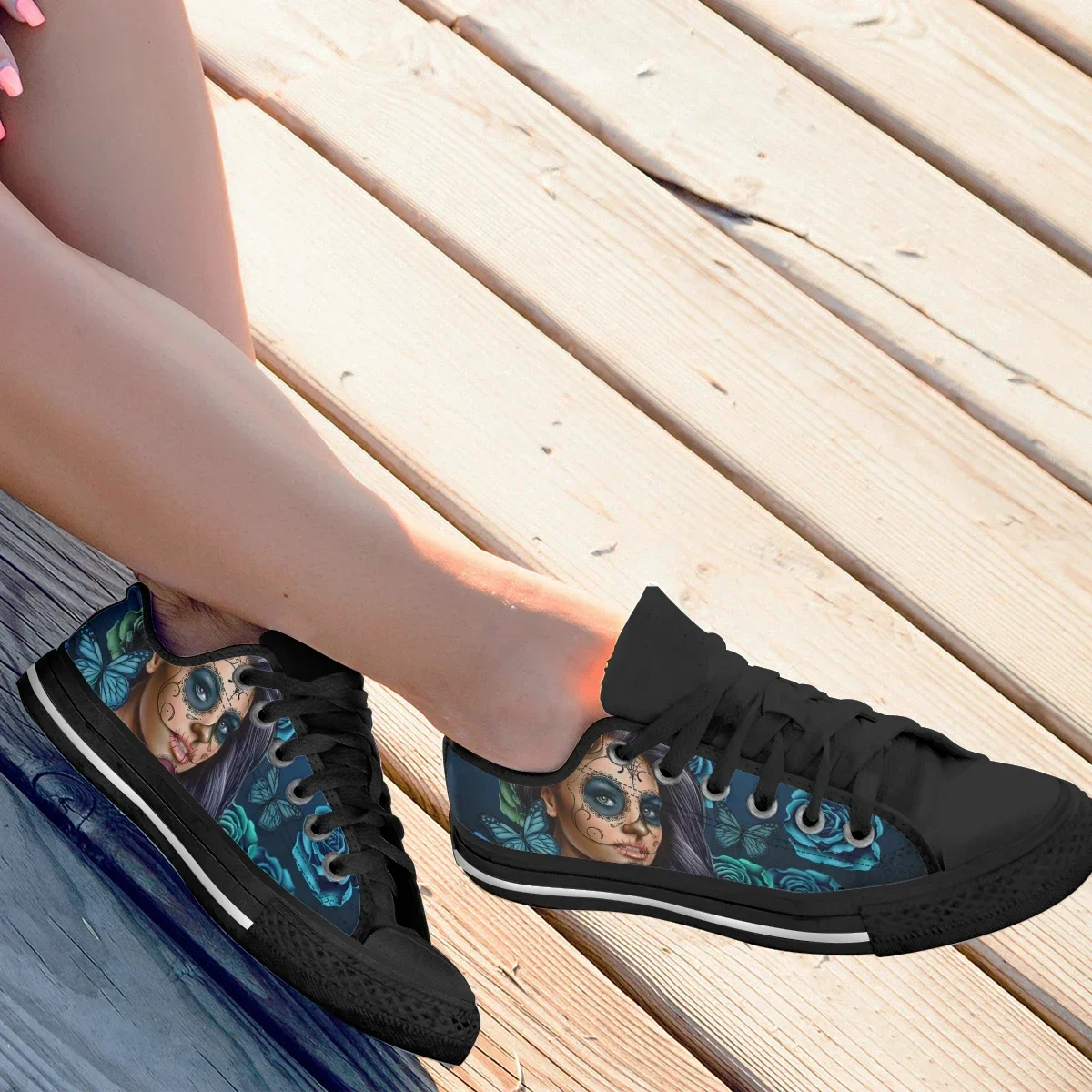 Hot Sale Purple Day Of The Dead Calavera Girl Print Canvas Shoes Lace Up Flat Autumn Breathable Vulcanized Sneakers