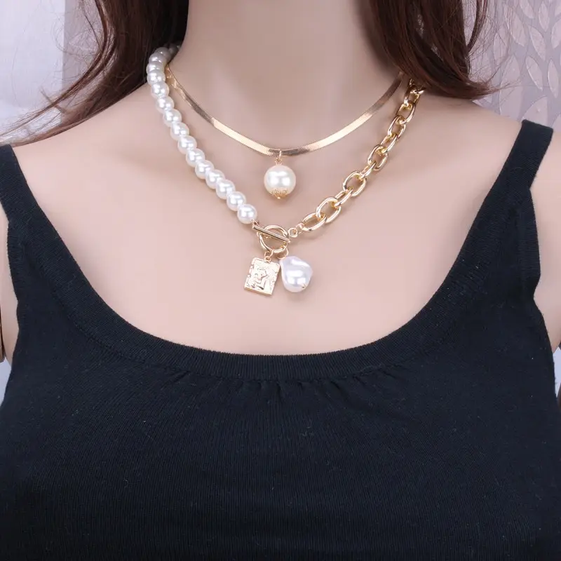 S98d8663f1f9a45db8e5ba89fce0ee014j 2PCS Gold-color Necklace Hip Hop Style Baroque Faux Pearls Head Square Pendant Jewelry Mallzona