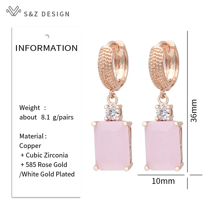 S&Z DESIGN New Fashion Pink Rectangle Crystal Dangle Earrings For Women Wedding Party Jewelry Classic Cubic Zirconia Eardrop