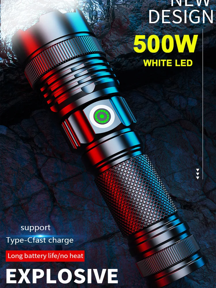 990000000LM Powerful LED Flashlight USB Torch 500 Watts Tactical Lights Telescopic Zoom Waterproof Lantern for Camping Fishing