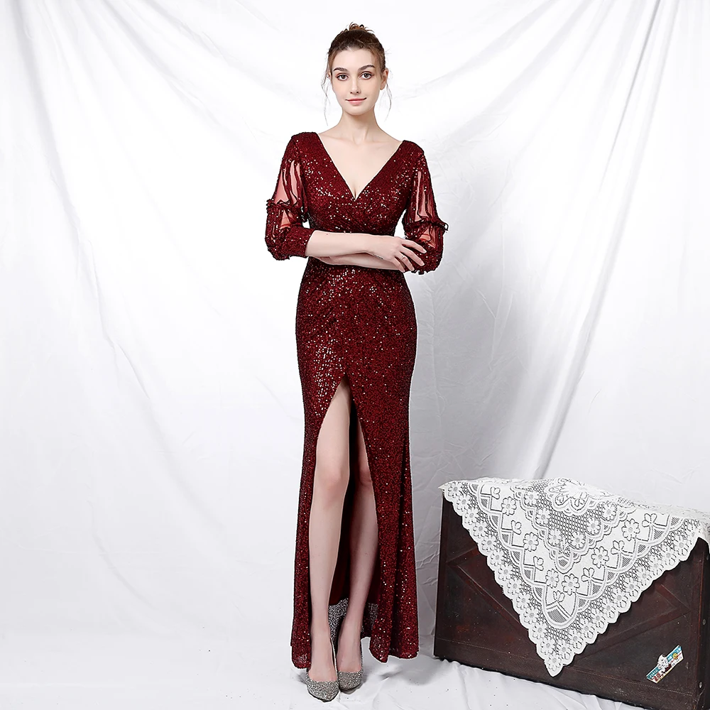 

Women's Sheat Sleeve Sequin V-Neck Front Slit Long Dress Formal Party Evening Dress