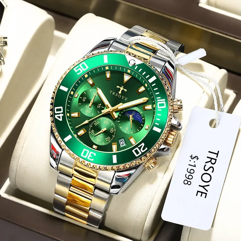 

2024 New Men Watch Stainless Steel Multi functional Green dial Top Brands Luxury Gold Business Style Fashion Quartz Wrist Watch