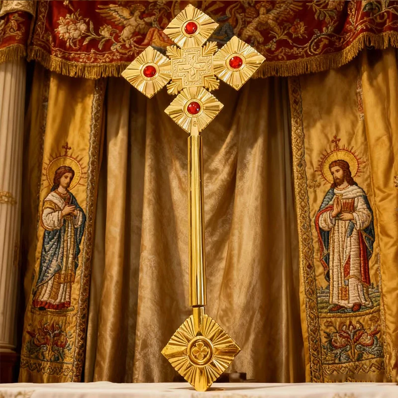 Östliche orthodoxe Metallkreuzzepter, religiöse Zeremonie, Sakramentfeier, eingelegt mit hellem Rubin, klassischer religiöser Glaube – Detail 1