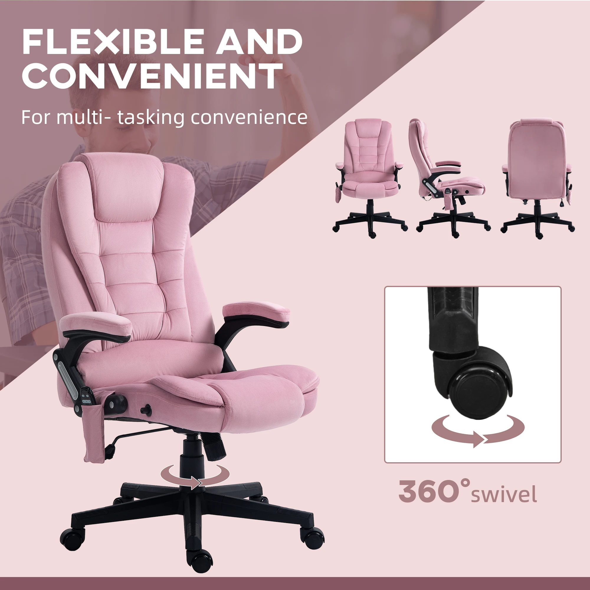 Homcom 6 Point Vibrating Massage Office Chair with Heat with Reclining Backrest, Padded Armrests and Remote, Pink 5