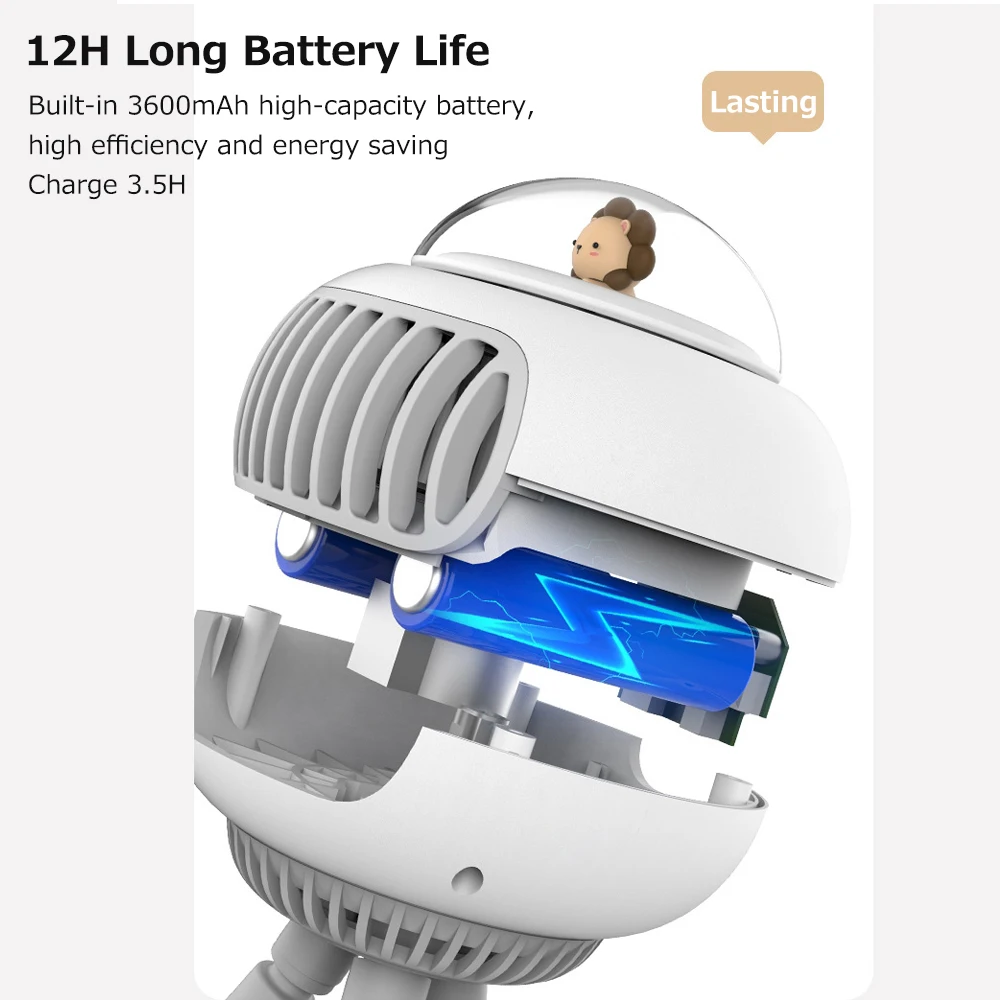Mini elastīgs gaisa kondicionieris, 3600mAh uzlādējams ratiņu dzesēšanas ventilators, 130° automātiska rotācija, 4 pārnesumu vēja ventilators, rokas, kluss lietošanai ārpus telpām_voghion.com