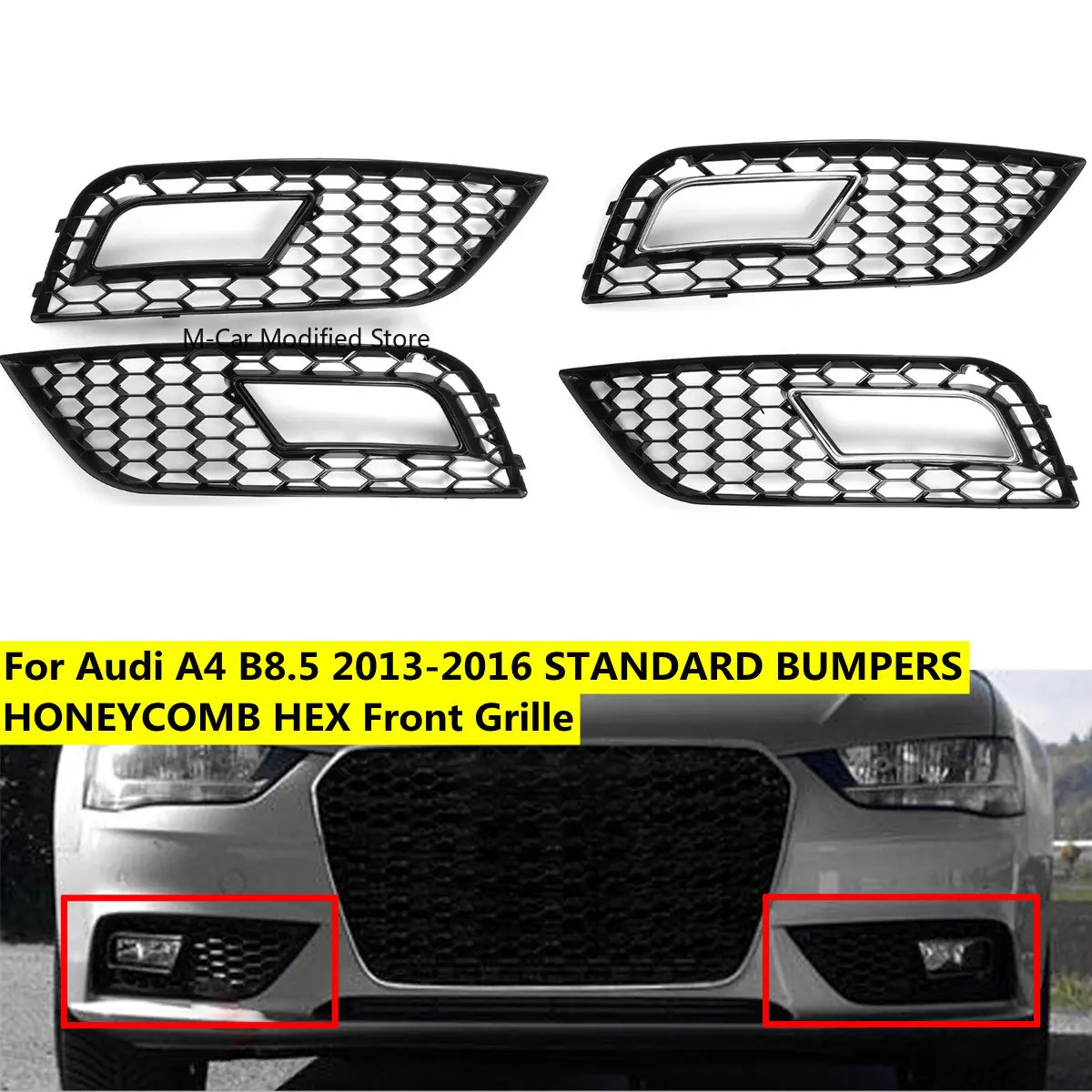 

Pair RS4 Style Honeycomb Car Front Bumper Fog Light Grille Cover For AUDI A4 B8.5 2013 2014 2015 2016 Fog Lamp Grille Grill