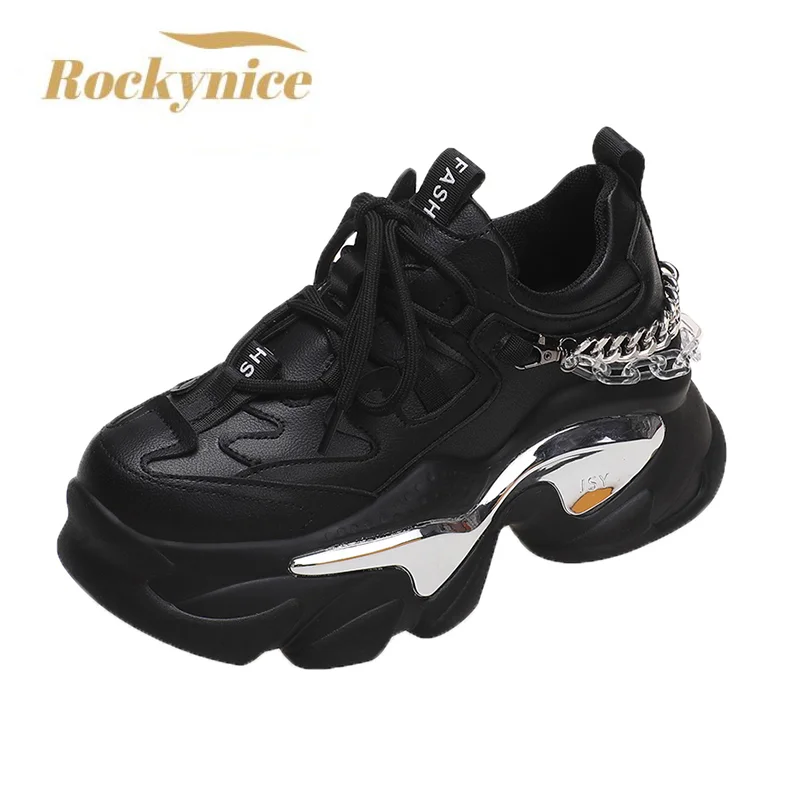 

Spring Autumn Women Casual Leather Shoes Wedge 8CM Hidden Heel Chunky Sneakers Chain Platform Vulcanized White Shoes For Woman