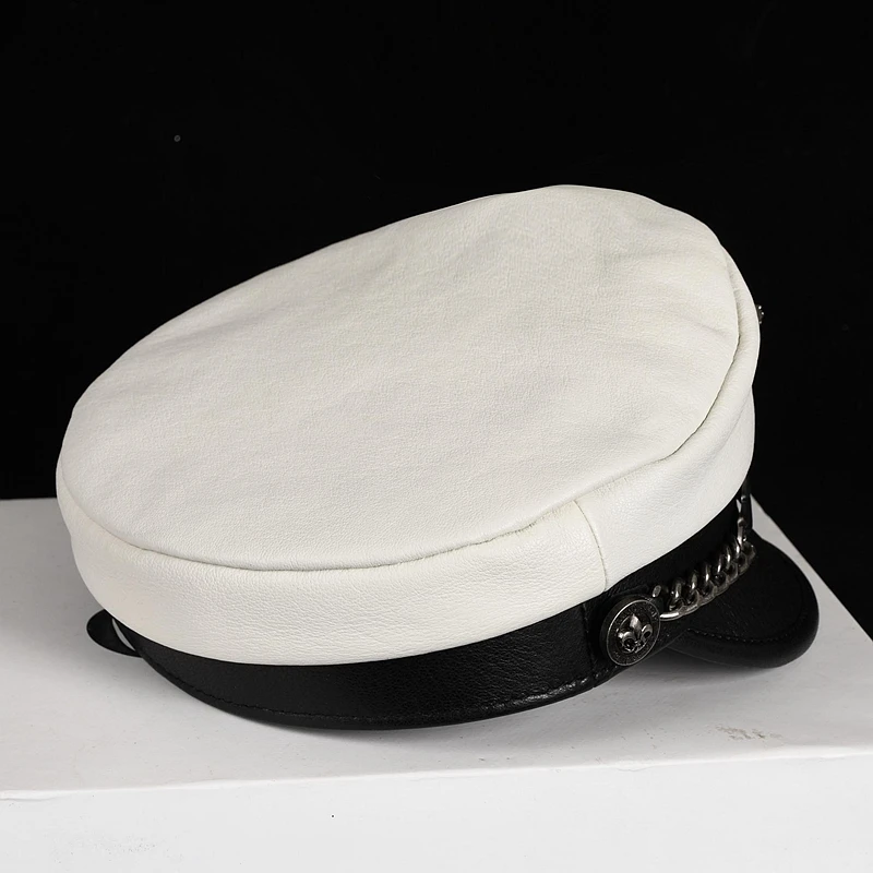 Echtes Leder Kapitän Hut Männer Frühling Koreanische Mode Kurze Krempe Navy Kappen Männlichen Hohe Qualität Schwarz Weiß Flache Gorras Hombre – Detail 9