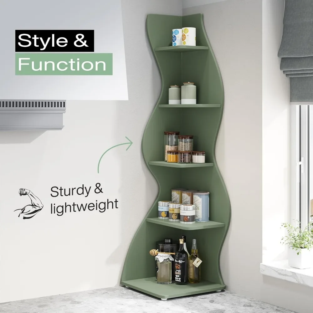 Modern 5-Tier Wall Corner Bookshelf, Stylish  Small Bookcase Storage Rack Plant Stand with Unique Shape for Living Room 6