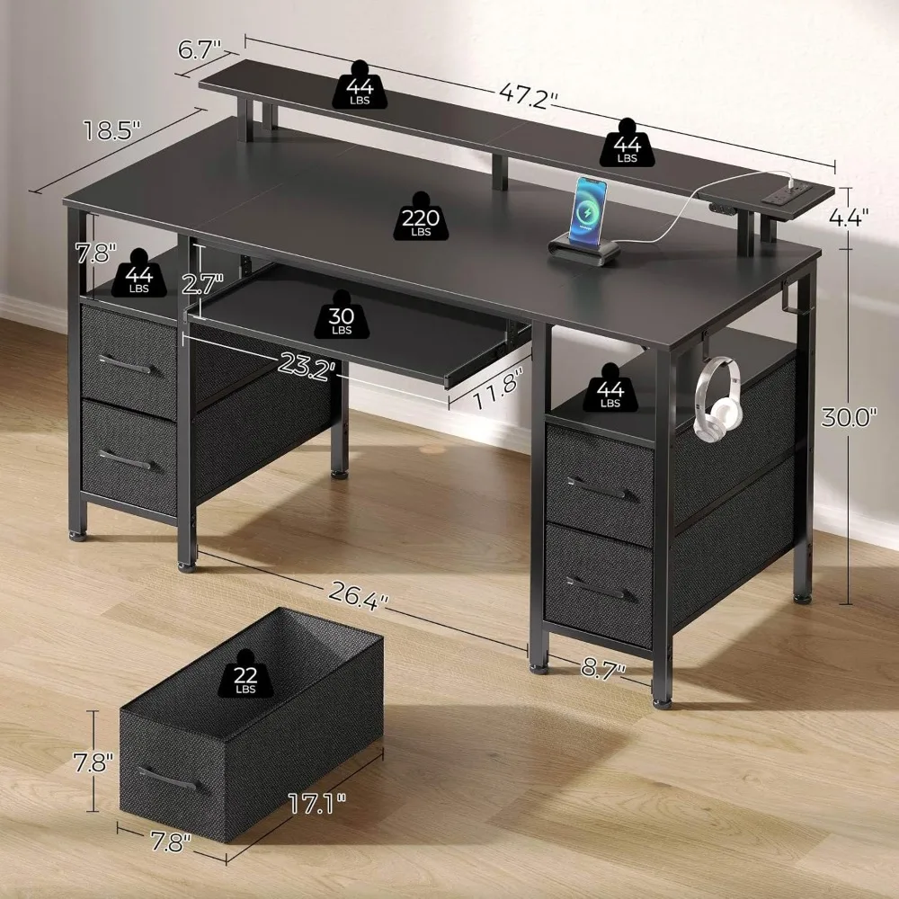 Computer Desk with LED Lights & Power Outlets, Home Office Desk with 4 Drawers, Writing Desk with Keyboard Tray 3