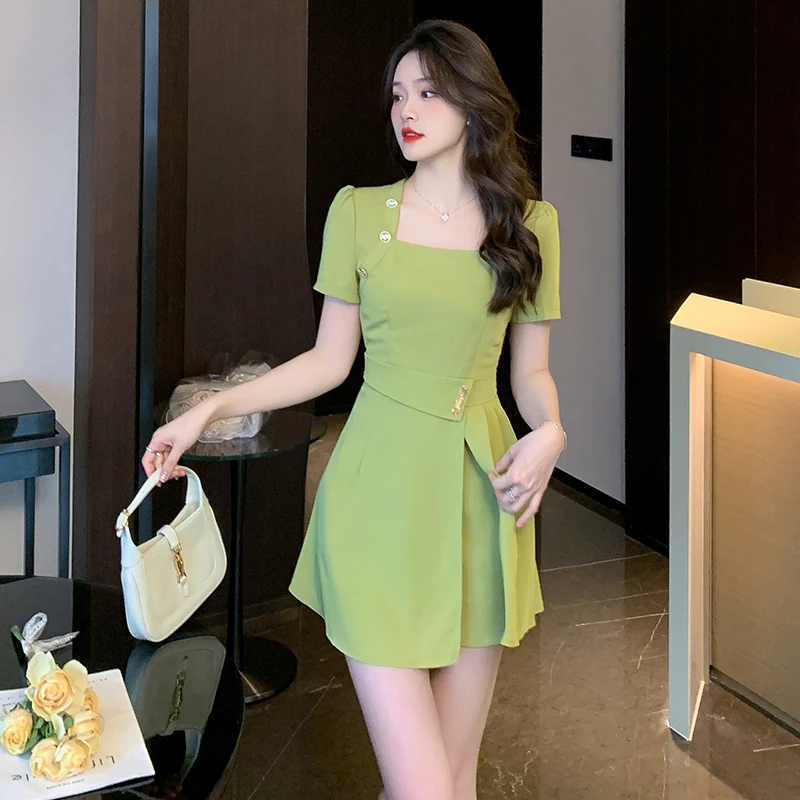 Summer Women New Style Slim Fit Pleated Dress and Split Shorts Two Pieces Set 2024 Female 2pcs Set