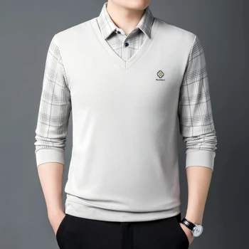 Polo a maniche lunghe da uomo nuova stampa artigianale finta due pezzi primavera e autunno colletto che dimagrisce Polo a maniche lunghe da uomo