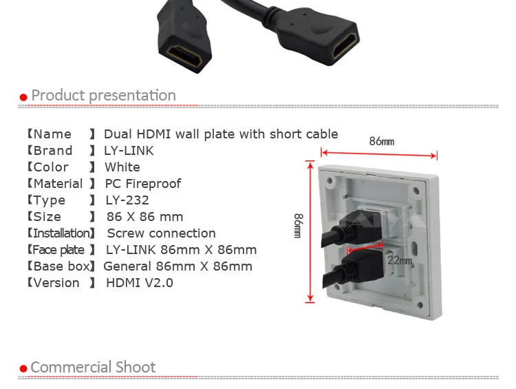 HDMI Double Plaque Frontale Visage Plaque Mural Prise 2 Port - Intégré  Cable 5060085465663
