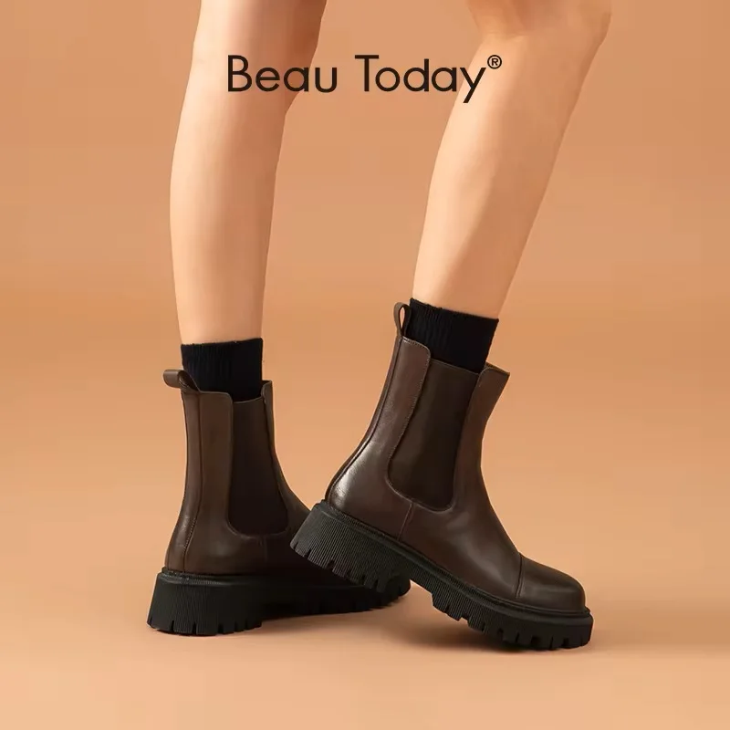 604786-fac1b6.jpg Beau Today Flat Chelsea Ankle Boots For Women Genuine Cow Leather Elastic Strap Spring Autumn Ladies Shoes Handmade A02379 - Image 1