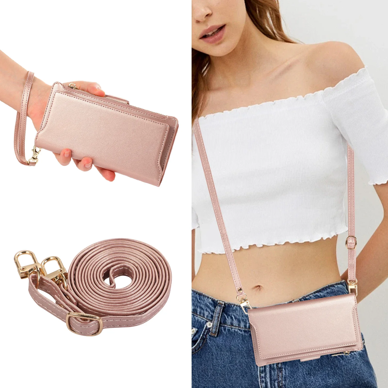 Crossbody Cards Solt Wallet Zipper Couro 2 em 1 Capa Destacável para iPhone 15 Pro Max 16 14 Plus 13 12 11 Carregamento Sem Fio_voghion.com