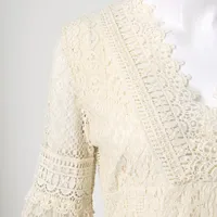 Womens Lace Casual Loose Dress V Neck Hollow Lace Flare Sleeve Dresses Plus Size White Dress Female Vintage Casual Beach Dresses - Image 2