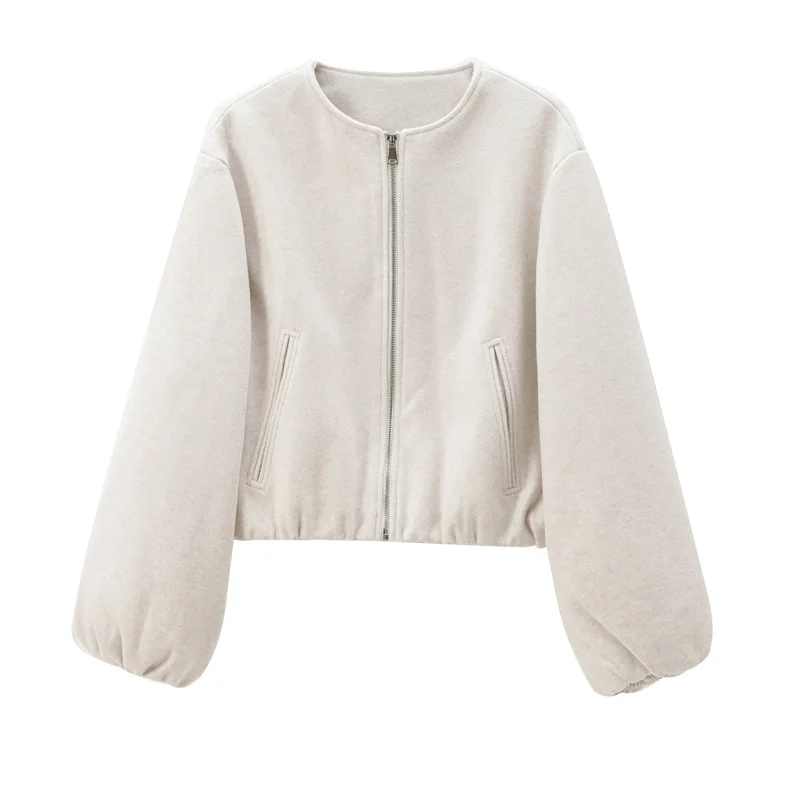 TRAF Outerwears Cropped Bomber Jacket Women Autumn Long Sleeve Faux Wool Coats For Woman Winter Zip Up Gray Beige Short Coats 6