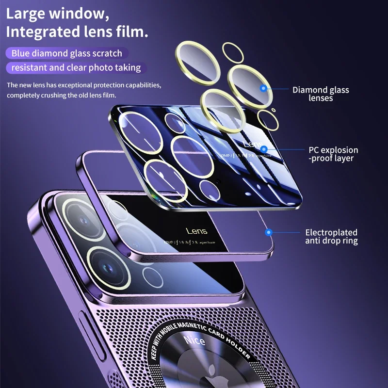 Plated Mesh Glass Lens Heat Dissipation Magnetic Phone Case with Enlarged Logo