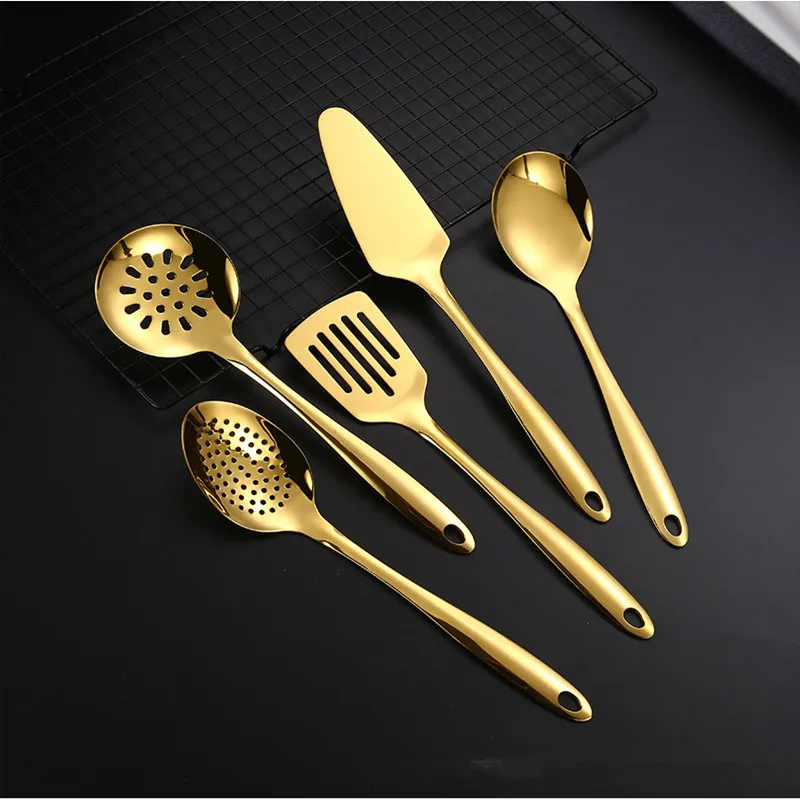 Gold Stainless Steel Kitchen Cooking Utensils Sets Frying Spatula Soup Spoon Long Handle Gadget Kitchen Accessories