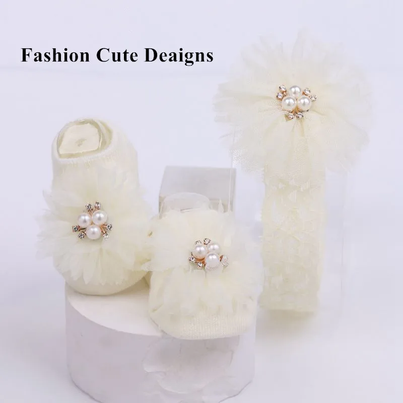 Süße Perle Schleifen Baby Stirnband Socken Set rutsch feste Baumwolle Socke Spitze Blume Neugeborenen Haarband Turban Mädchen Haarschmuck – Detail 1