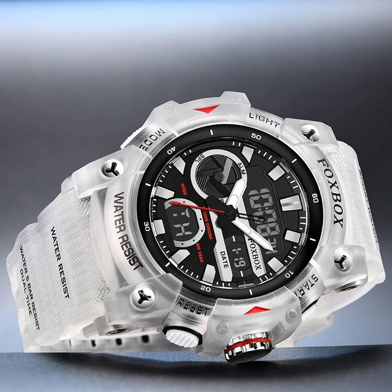 FOXBOX Dual Display Watch Men Fashion White Silicone Sports Diving Watch For Men Waterproof Analog Digital Quartz Men's Watches