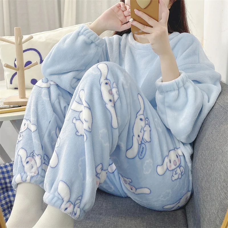 Kawaii Hot Anime Cinnamoroll Pajamas Kuromi My Melody Flannel Pullover Coral Velvet Winter Warm Pajamas Homewear Girl Gifts