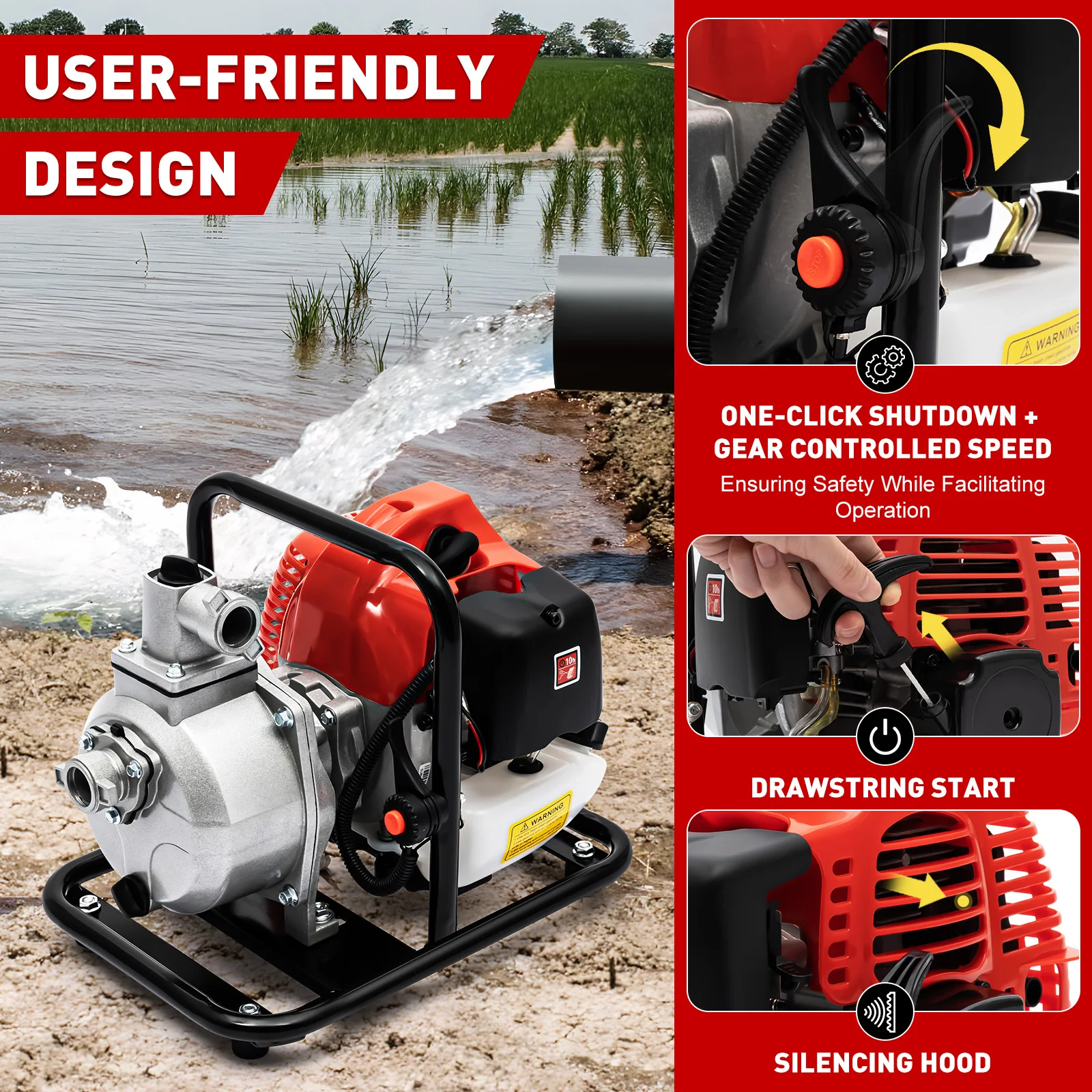 

40.2 CC 2-stroke Engine Gasoline Dirt Water Garden Pond Pump Single Cylinder Air Cooled 1.7 PS 1400W 6500r/min