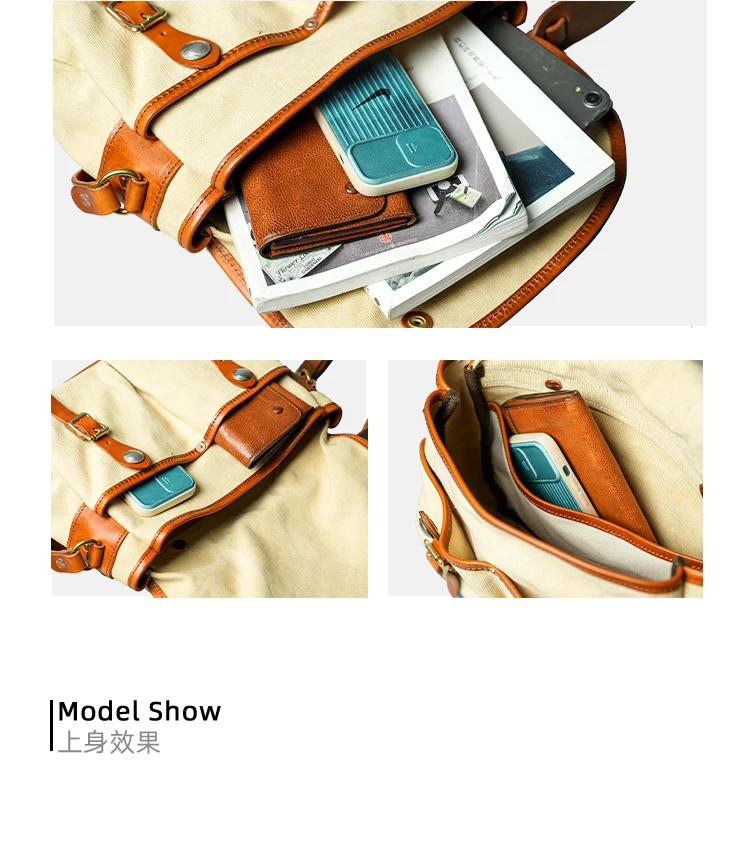 Fashion vintage casual luxury canvas first layer leather men's messenger bag business outdoor travel designer shoulder bag