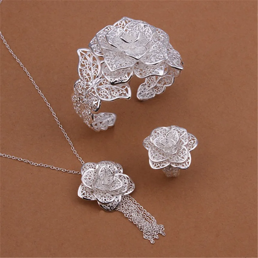 

Hot sale 925 Sterling Silver Pretty big flower Pendant bangle rings bracelet necklaces for women fashion wedding Jewelry sets