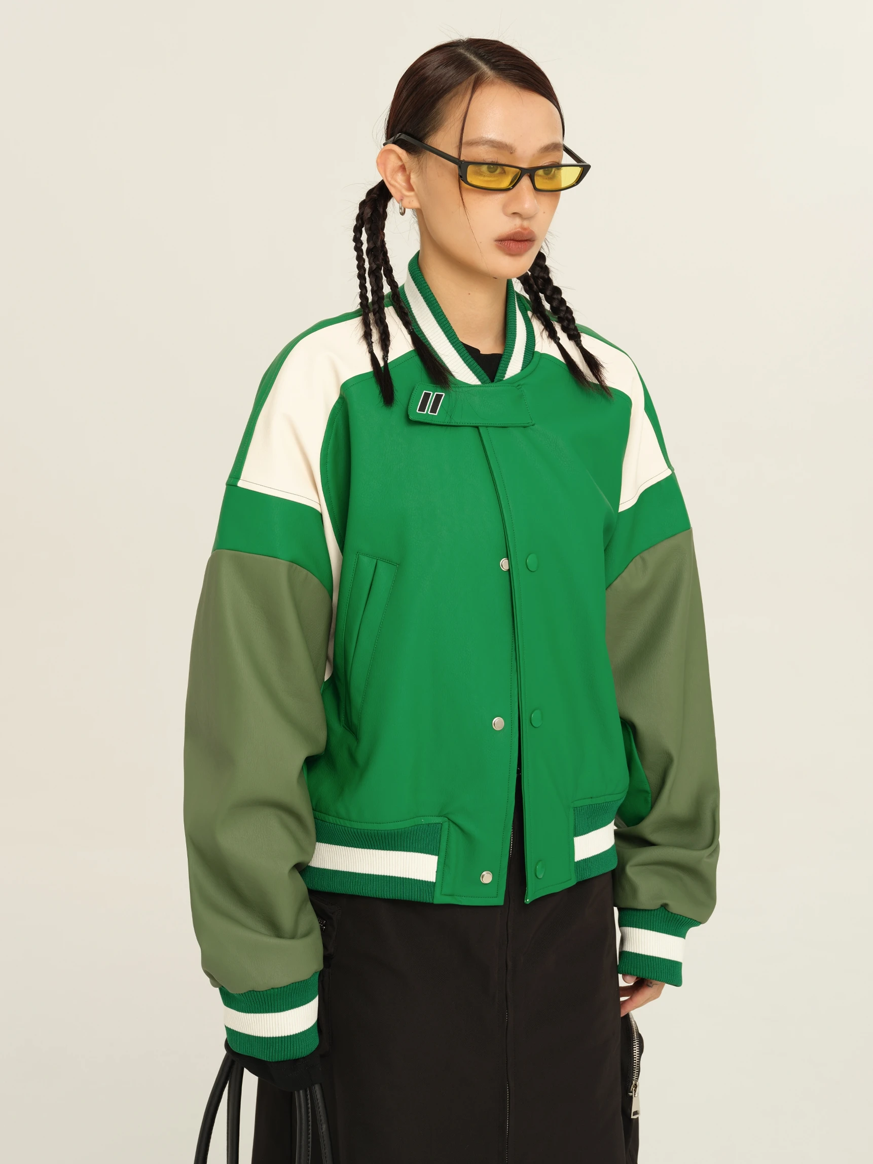 Baseball Uniform Women's Jacket Short American Retro Contrast Color  Leather PU Leather Patchwork Jacket Striped Loose Version
