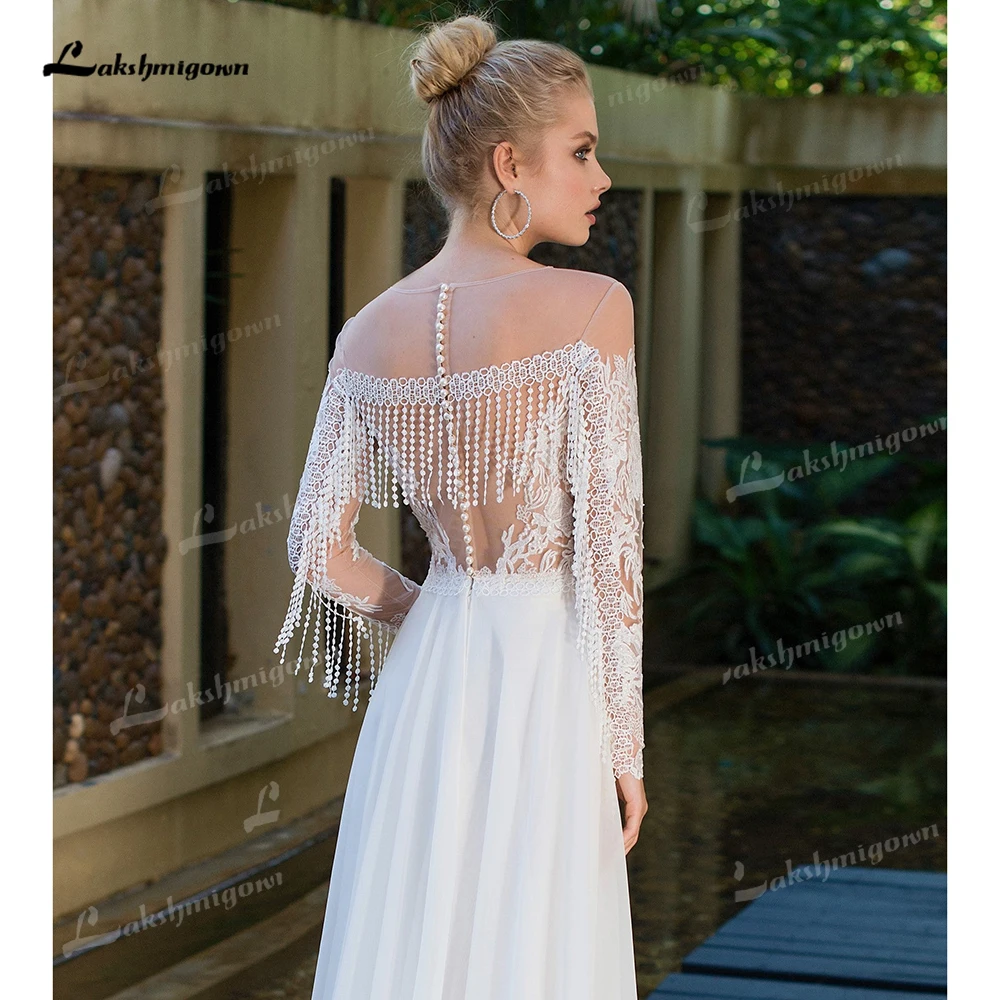Tassel Lace Chiffon Boho Wedding Dress Illusion Long Sleeve Bridal Gown High Slit A-Line Sweep Train Wedding Gowns Customized 4