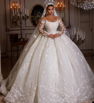 Abiti da sposa principessa Abito da sposa vintage con perline Shinny Tulle maniche lunghe Abito elegante squisito abito di lusso personalizzato