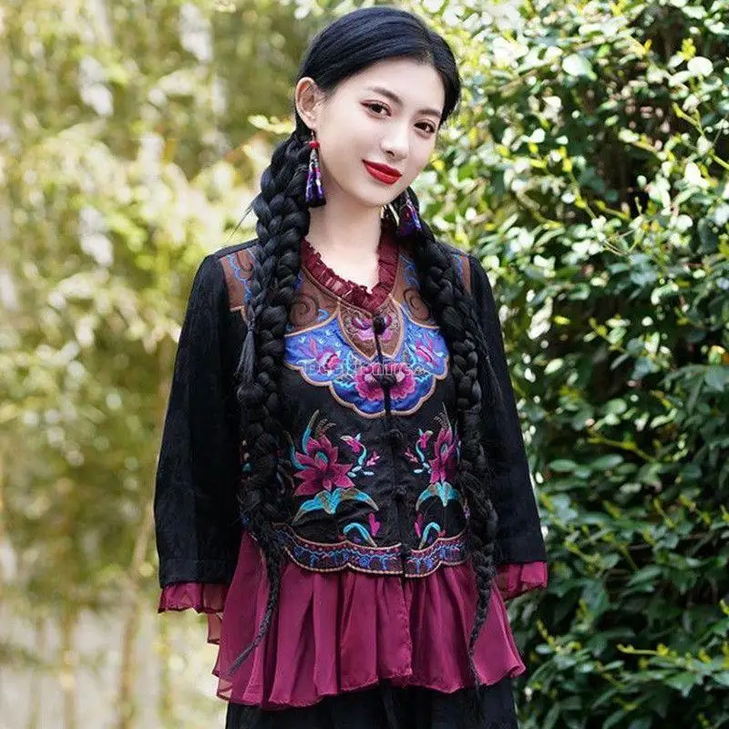 Embroidery Chinese Style Summer Tang Suit Top Retro Ethnic Style Disc Buckle Women Long Sleeve Elegant Daily Blouse s104