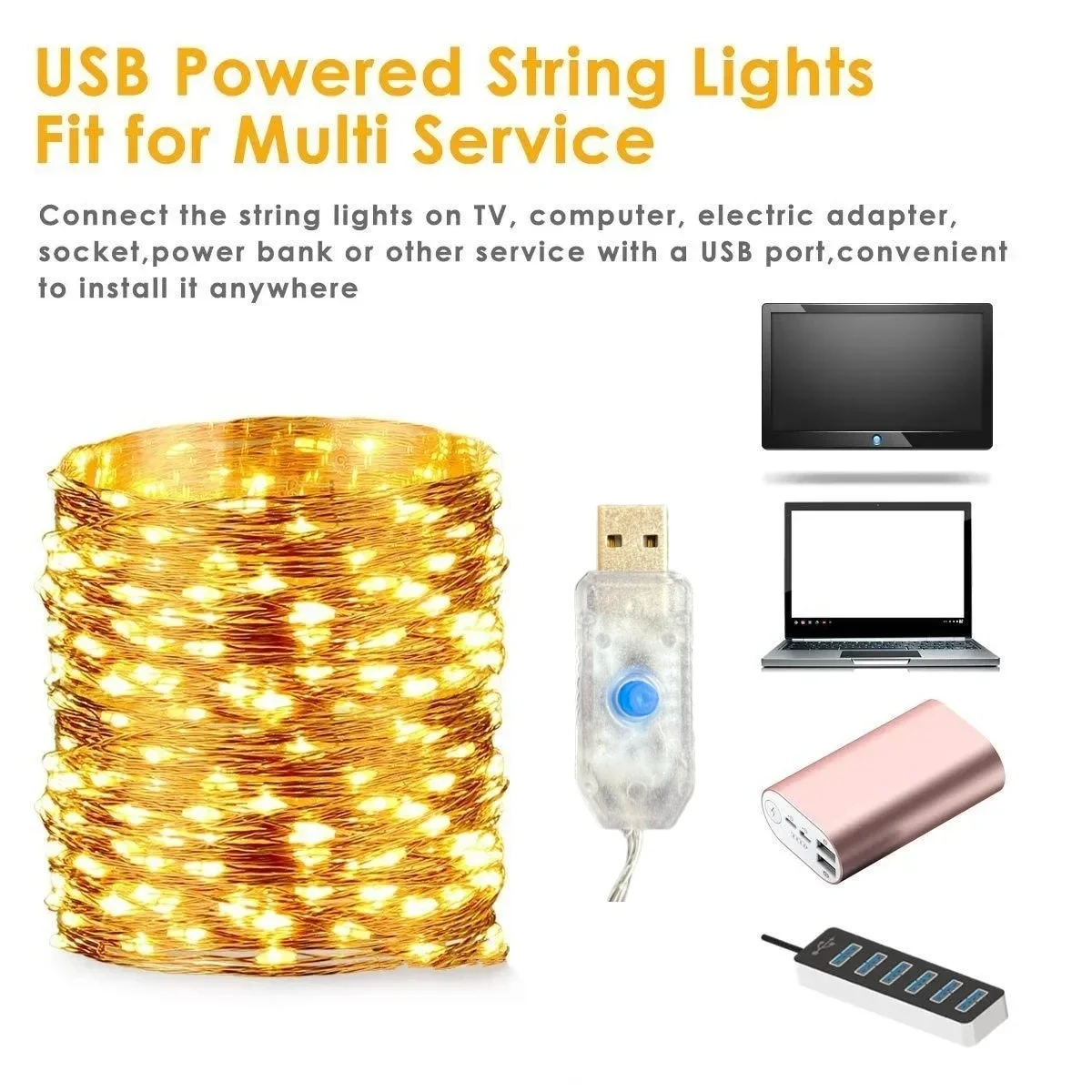 รูปสินค้า สายไฟ LED 100 ดวง ตกแต่งบ้าน พร้อมรีโมท 8 โหมด
