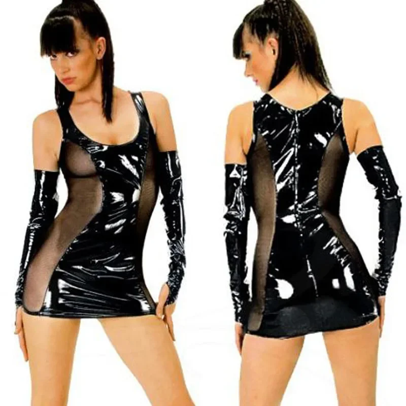 

Vinyl Leather Bandage Mini Dress Black Mesh See Through Sexy Party Club Short Robe Dress Night Wetlook Clubwear with Gloves