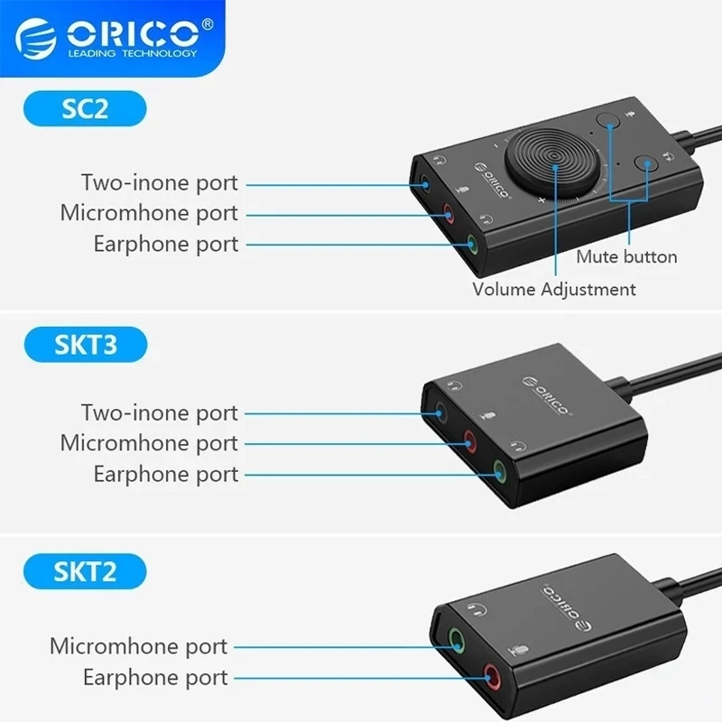 Placa de Som Externa Orico-usb com Interface Áudio e Porta Microfone Adaptador Jack 35 mm Ajuste de Volume