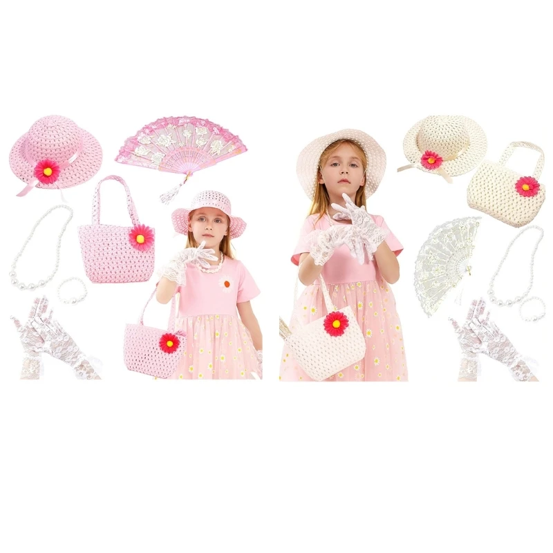 

7Pcs Necklace Wedding Costume Props Photography Strawhat Hat for Girl Teas Party