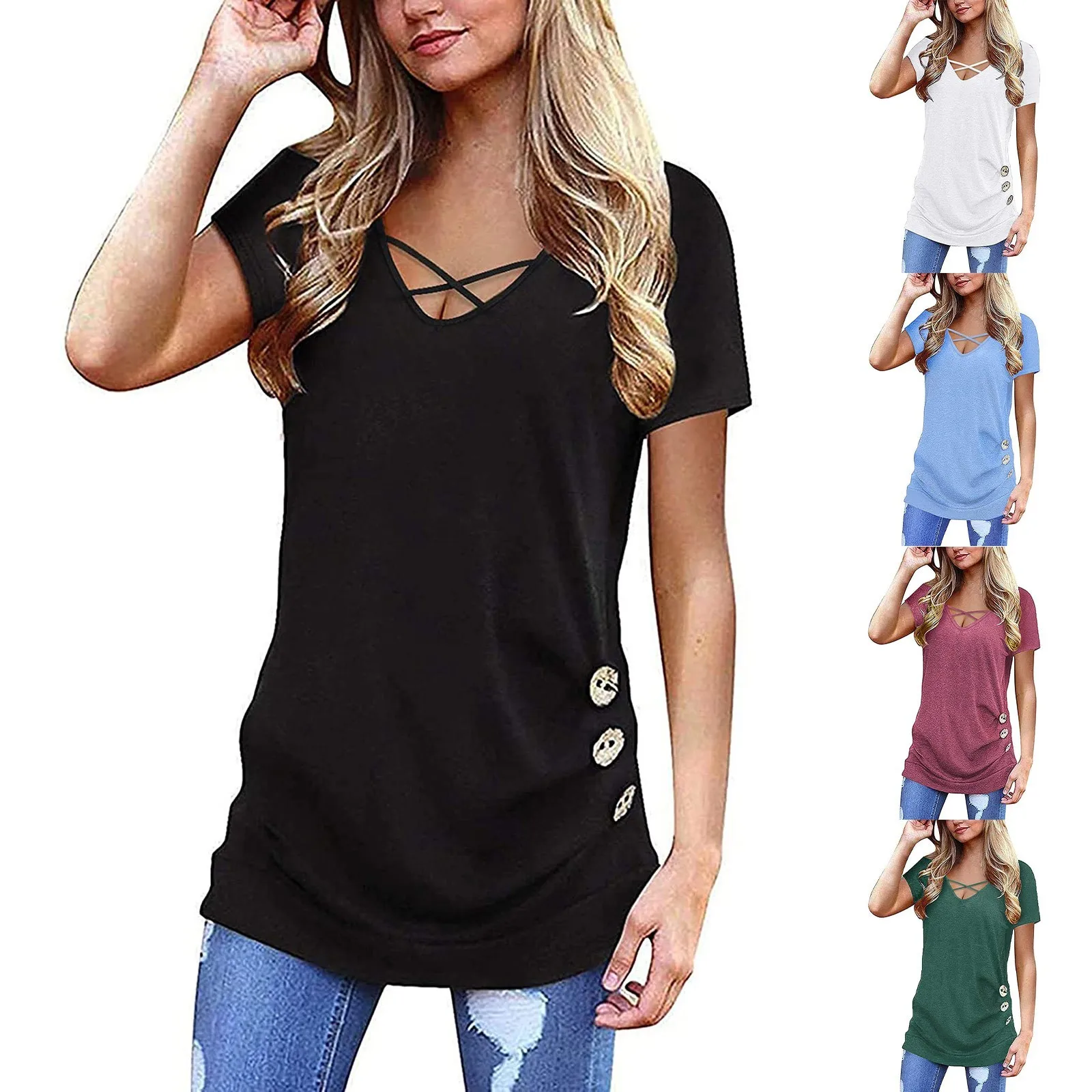 Women‘s Tops Fashion Dew Shoulder Short Sleeve Solid V Neck Button Blouse Shirt Tops Tunics