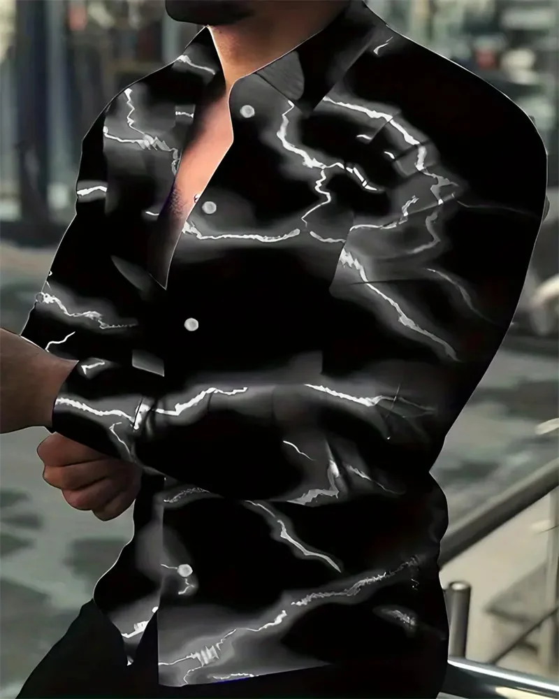 Fashion Men's 3D Purple Lightning Print Men's Casual Button Long Sleeve Shirt, Spring Summer Autumn, Tops S-6XL