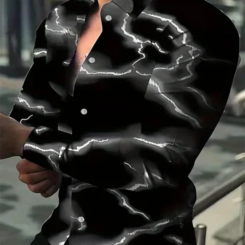 3D 보라색 번개 프린트 남성용 캐주얼 단추 긴팔 셔츠, 남성 용수철, 여름 가을, 남성 상의 S-6XL