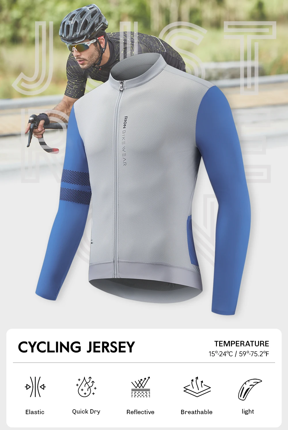 RION Herren Fahrradtrikot mit langen Ärmeln, Trikots, Mountainbike, MTB-Shirts, UPF 50+, Sonnenschutz, Pro-Team-Kleidung, reflektierend, 15 ℃ -24 ℃ – Detail 1