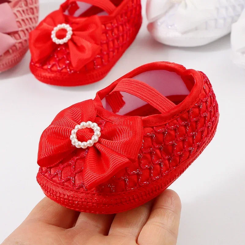 New 0-18M Birthday Infant Newborn Baby Girls Baptism Solid Shoes Bowknot Pearl Princess Soft Sole Shoes First Walkers + Hairband 4